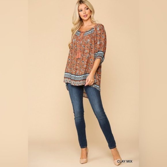 Gigio | Hannah Terracotta Clay Rust Bohemian Peasant Top Tassel Paisley Small - Picture 6 of 14